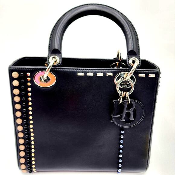 Dior Handbags - CHRISTIAN DIOR Black Leather Studs Embellished Medium Lady Dior Tote RARE
